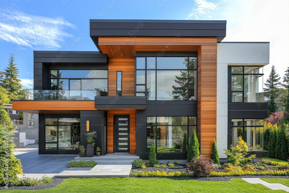 Sophisticated modern house with a front view, showcasing large windows and wood accents against a black and white palette