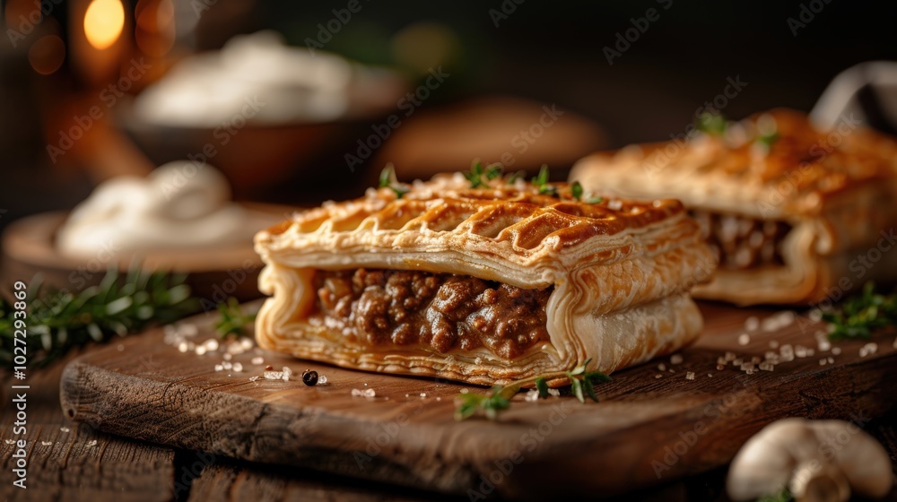 Delicious beef Wellington on a wooden board with creamy sauce and herbs at dinner time Delicious beef Wellington on a wooden board with creamy sauce and herbs at dinner time