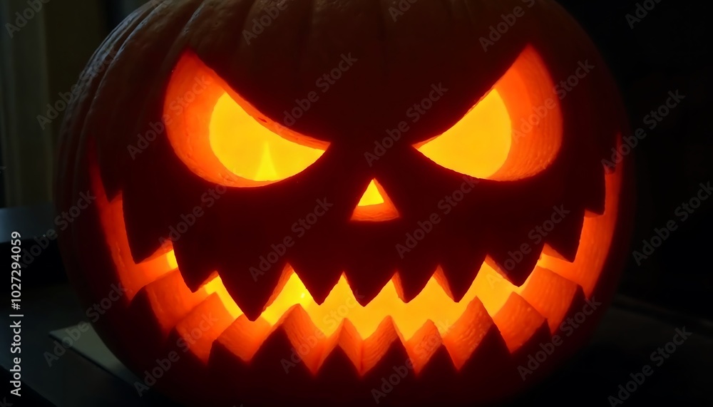 Spooky Pumpkin: A close-up shot captures a carved pumpkin with a fierce face illuminated from within, casting a glowing orange light. Spooky Pumpkin: A close-up shot captures a carved pumpkin with a fierce face illuminated from within, casting a glowing orange light.