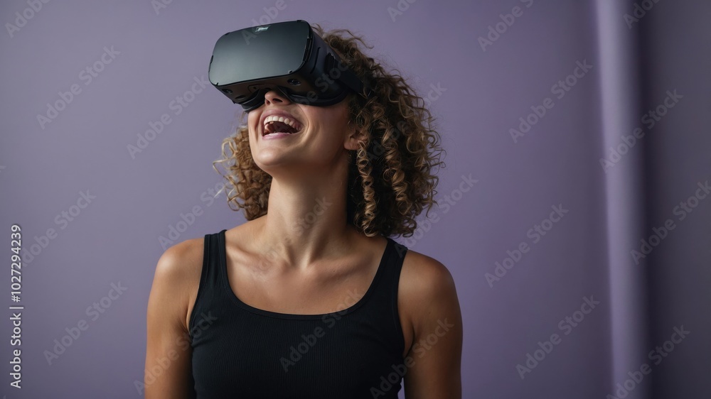 A woman experiences virtual reality in a modern indoor setting, engaging with technology while enjoying the immersive experience A woman experiences virtual reality in a modern indoor setting, engaging with technology while enjoying the immersive experience