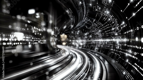 Abstract black and white digital tunnel with dynamic light streaks representing technology, speed, and futuristic motion.