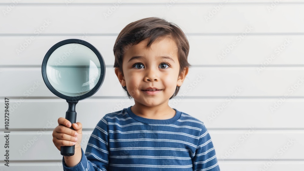 A curious child holding a magnifying glass while exploring indoors on a sunny afternoon A curious child holding a magnifying glass while exploring indoors on a sunny afternoon