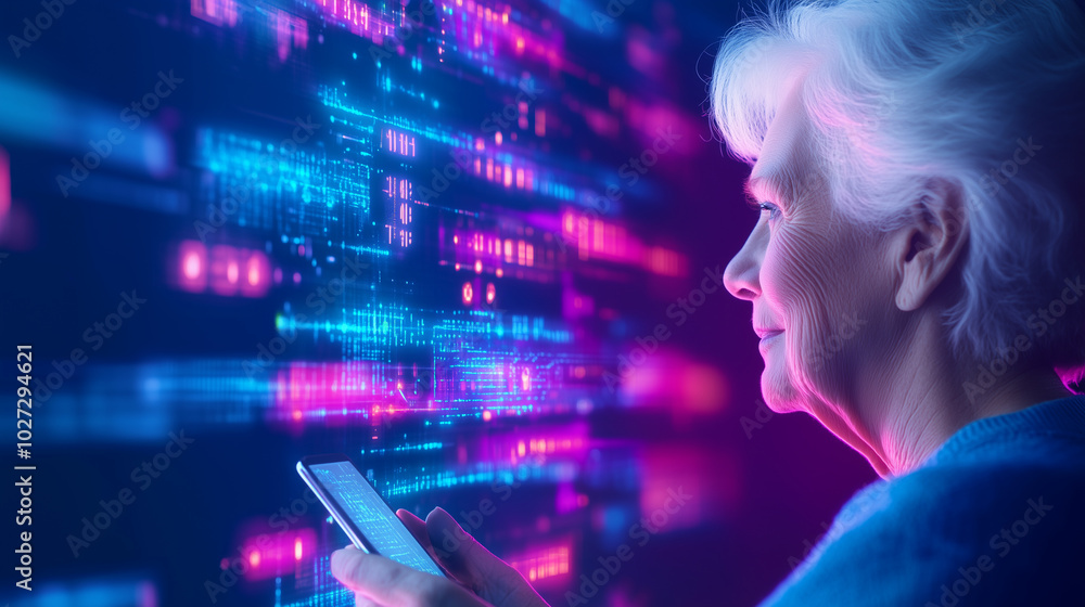 A side profile of an elderly woman interacting with a smartphone, set against a background of glowing digital symbols and futuristic data streams. The bright neon blue and pink lig A side profile of an elderly woman interacting with a smartphone, set against a background of glowing digital symbols and futuristic data streams. The bright neon blue and pink lig