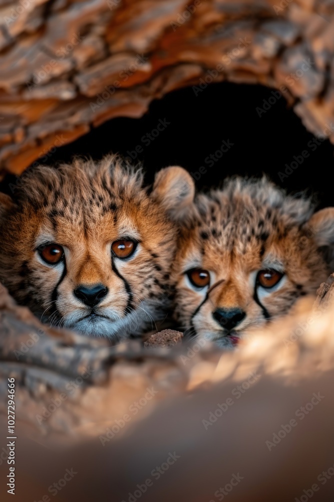 Fototapeta premium Two curious cheetah cubs peek out from their cozy den in the African savanna at sunset