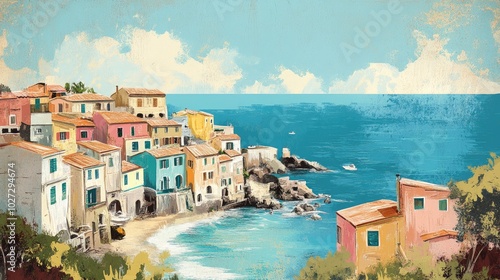 Wallpaper Mural Picturesque italian village overlooking tranquil mediterranean sea in retro style Torontodigital.ca