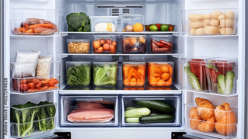 Open refrigerator filled with various fresh vegetables, fruits, and packaged food items organized in clear plastic containers. Open refrigerator filled with various fresh vegetables, fruits, and packaged food items organized in clear plastic containers.