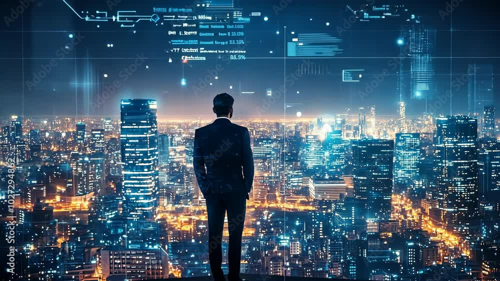 A businessman looks out over a bustling cityscape at night, contemplating the future of technology and its impact on the urban landscape A businessman looks out over a bustling cityscape at night, contemplating the future of technology and its impact on the urban landscape