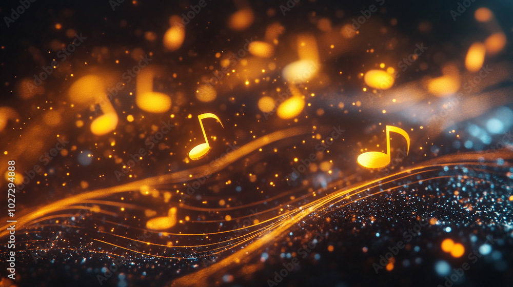 An artistic visual of luminous golden music notes swirling through a ...