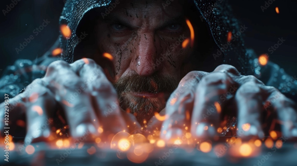 A mysterious figure harnessing fiery energy in a dark, enchanting environment at dusk A mysterious figure harnessing fiery energy in a dark, enchanting environment at dusk