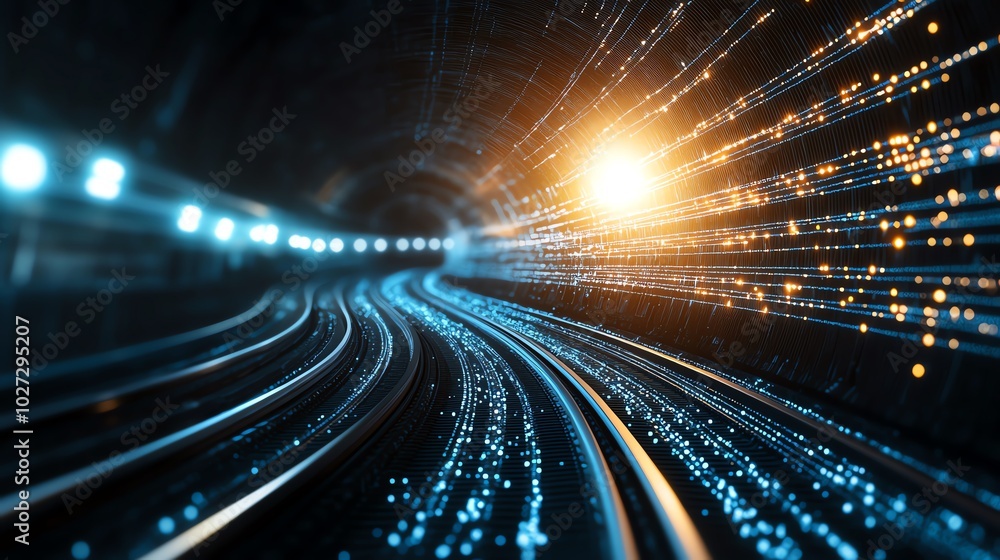 Obraz premium Dynamic image of fast light trails in a tunnel, symbolizing speed, technology, and data transfer in a futuristic setting.