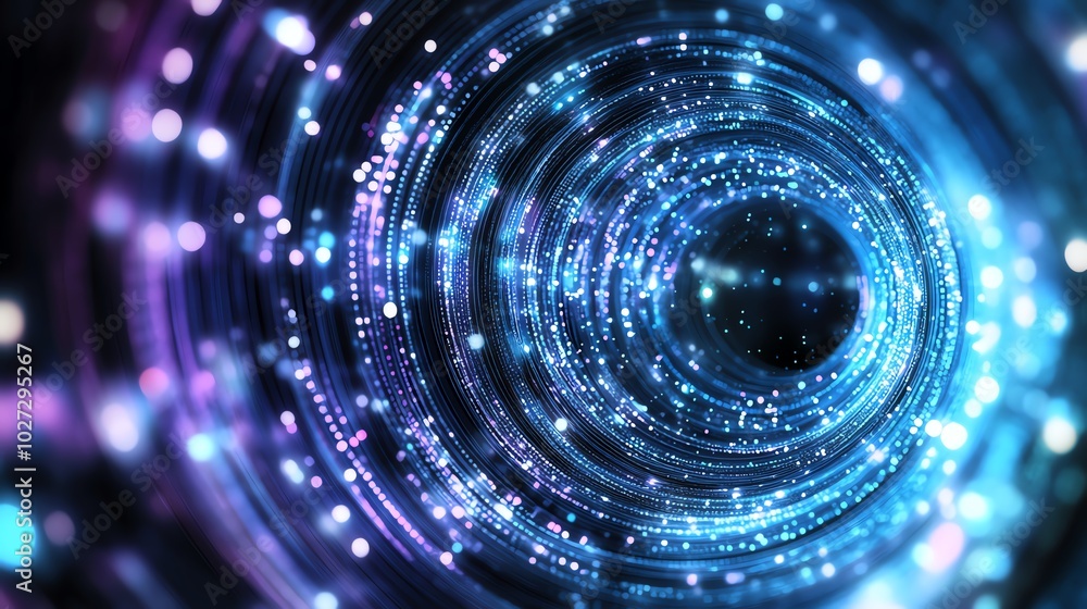 Obraz premium Futuristic abstract blue and purple light tunnel with sparkling particles creating a mesmerizing vortex effect. Ideal for tech and science themes.