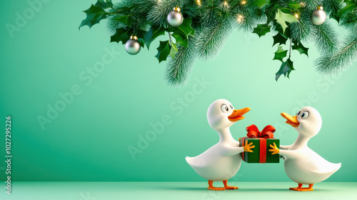 Two cheerful ducks exchanging a gift under festive decorations. photo