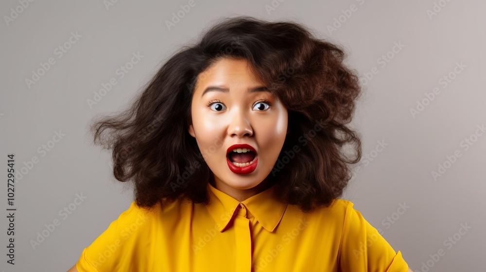 Portrait of a surprised woman with curly hair wearing a yellow shirt, wide-eyed with an expressive facial expression against a plain background Portrait of a surprised woman with curly hair wearing a yellow shirt, wide-eyed with an expressive facial expression against a plain background