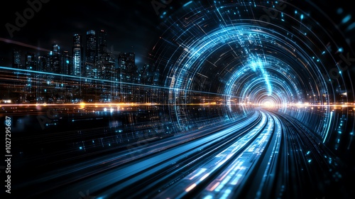 Wallpaper Mural Futuristic digital tunnel with glowing blue lights and high-speed motion, representing technology and innovation in an urban setting. Torontodigital.ca