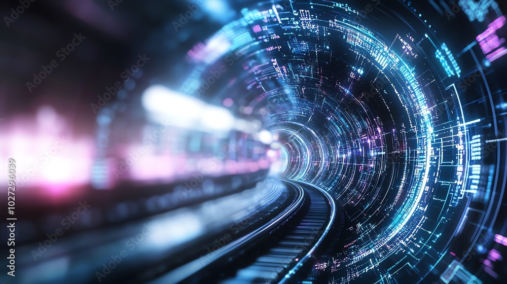 Futuristic digital tunnel with glowing neon lights and network connections representing technology and innovation concepts. Futuristic digital tunnel with glowing neon lights and network connections representing technology and innovation concepts.