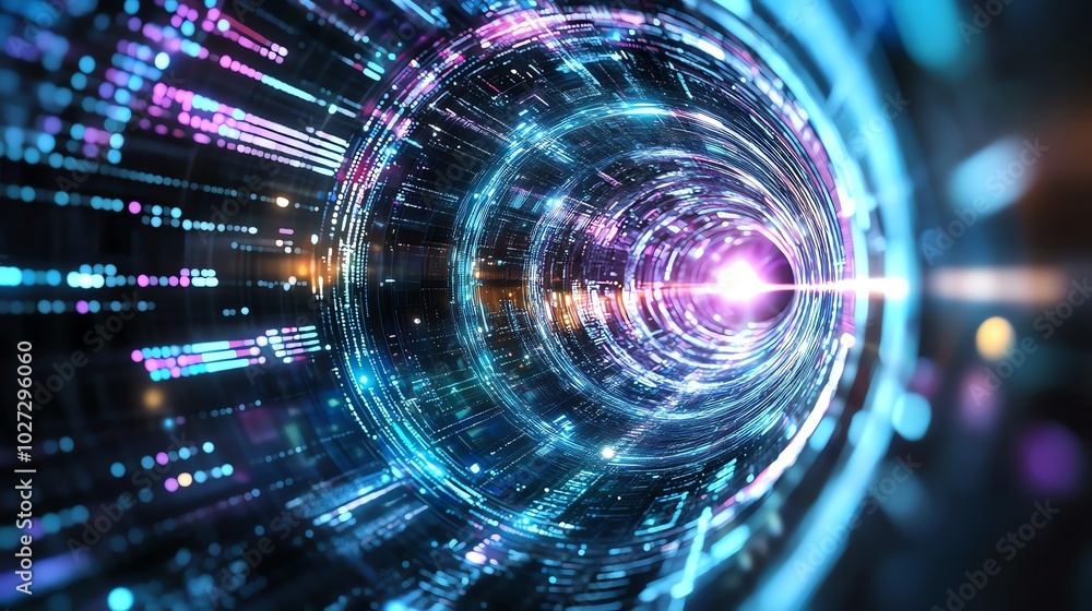 Obraz premium Futuristic digital tunnel with vibrant colors and lights, representing technology, innovation, and high-speed data transfer.