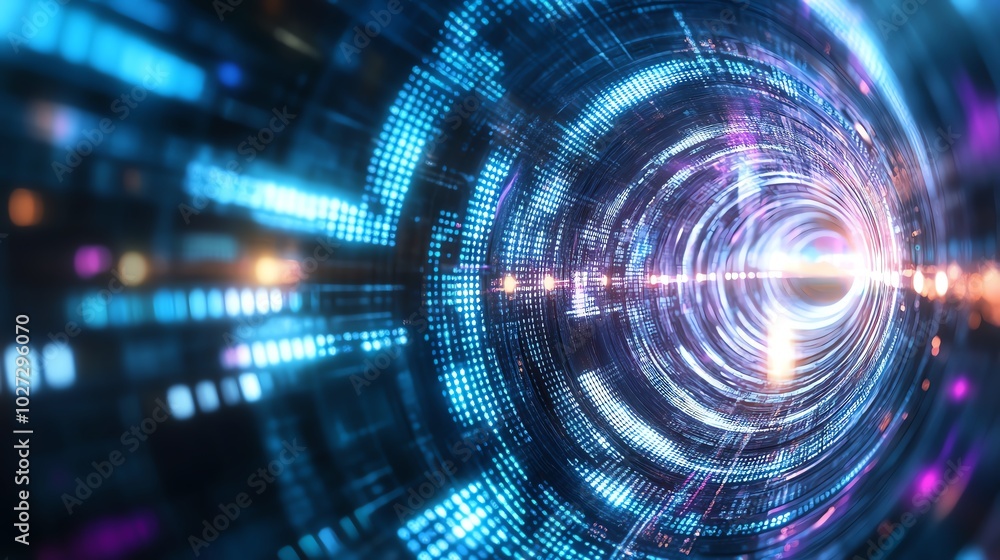 Fototapeta premium Futuristic digital tunnel with vibrant lights and dynamic movement, symbolizing advanced technology and innovation in a virtual world.