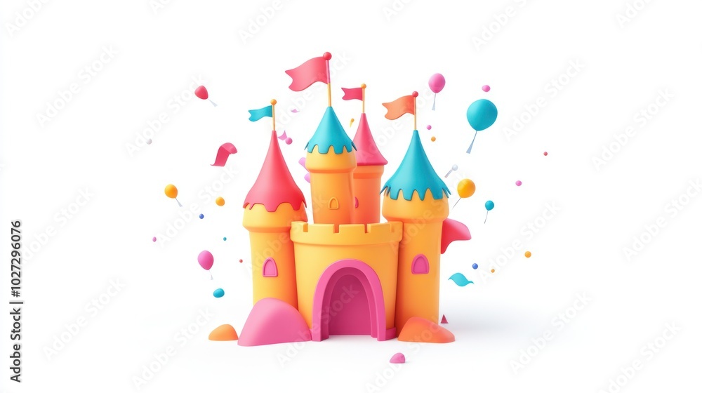A 3D Render of a Cartoon Castle with Balloons and Flags A 3D Render of a Cartoon Castle with Balloons and Flags