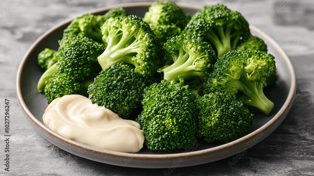 Plate of fresh broccoli florets served with a dollop of mayonnaise on a dark background. The vibrant green color contrasts with the creamy white sauce. Plate of fresh broccoli florets served with a dollop of mayonnaise on a dark background. The vibrant green color contrasts with the creamy white sauce.