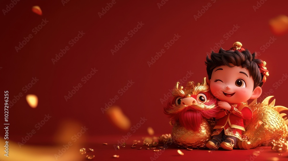Fototapeta premium A joyful young boy celebrates the Lunar New Year with a golden dragon and vibrant flowers on a festive red backdrop
