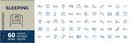 Sleeping icons. Set of sleep minimal icons. Pillow, bed, bedtime, comfort, restful. Collection of sleep and resting icon. Vector illustration.