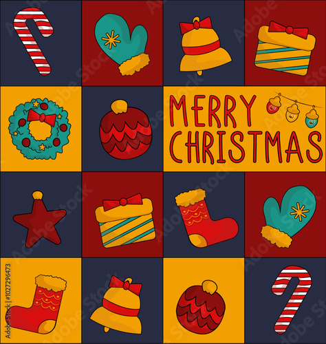 Christmas greeting card. Merry Christmas. image of attributes of Christmas, holidays.