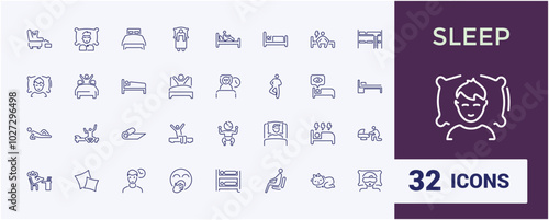 Sleeping icons. Set of sleep minimal icons. Pillow, bed, bedtime, comfort, restful. Collection of sleep and resting icon. Vector illustration.