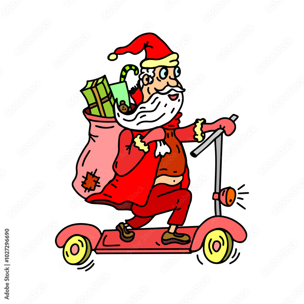 Obraz premium Santa Claus riding a scooter with a sack full of gifts, blending traditional holiday elements with a fun, modern twist