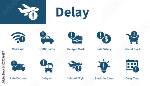 Delay icon. Set of solid vector symbols on the theme of delayed, tardiness, traffic jam, work, delayed flight.