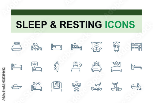 Sleeping icons. Set of sleep minimal icons. Pillow, bed, bedtime, comfort, restful. Collection of sleep and resting icon. Vector illustration.