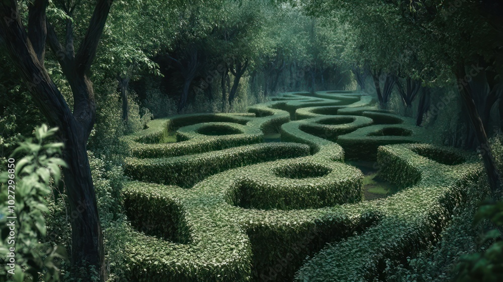 A hedge pruned to resemble a maze-like problem, making a meandering garden route A hedge pruned to resemble a maze-like problem, making a meandering garden route