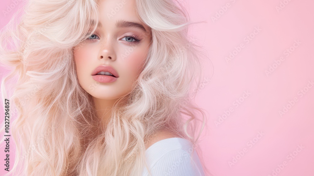 A stunning woman with long wavy blond hair poses gracefully against a soft pastel backdrop, highlighting her natural beauty and elegance A stunning woman with long wavy blond hair poses gracefully against a soft pastel backdrop, highlighting her natural beauty and elegance