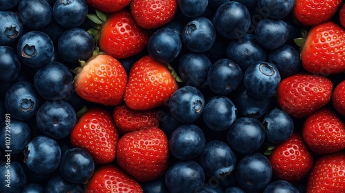 Close-up of fresh blueberries and strawberries arranged together, showcasing a vibrant mix of red and blue colors in natural light, emphasizing texture and freshness.