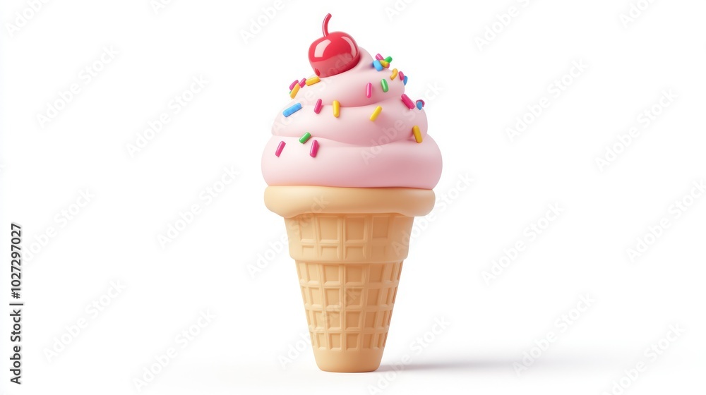 Pink Ice Cream Cone with Cherry and Sprinkles Pink Ice Cream Cone with Cherry and Sprinkles