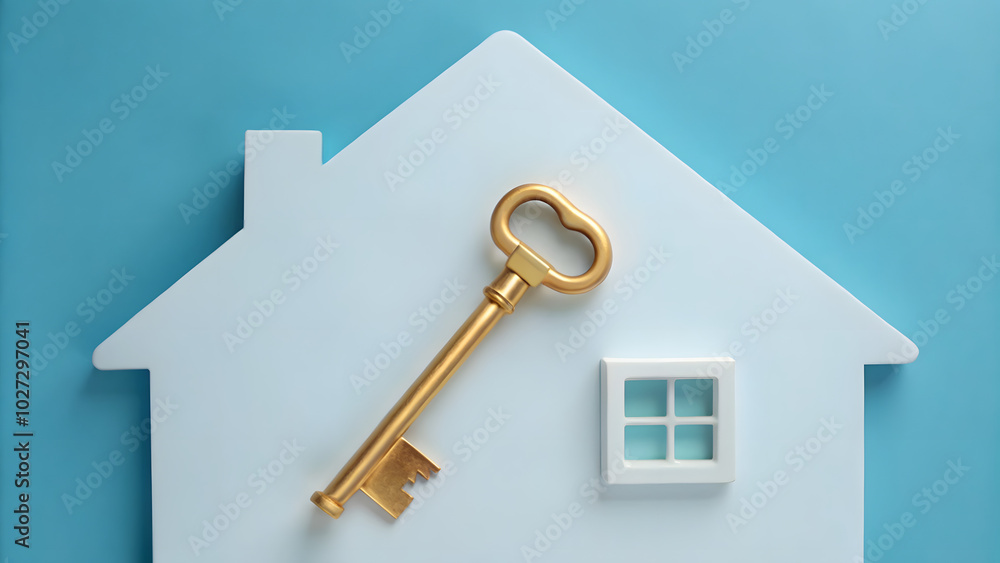 Golden key on a miniature house model and window representing real estate, moving and housewarming
Golden key on a miniature house model and window representing real estate, moving and housewarming