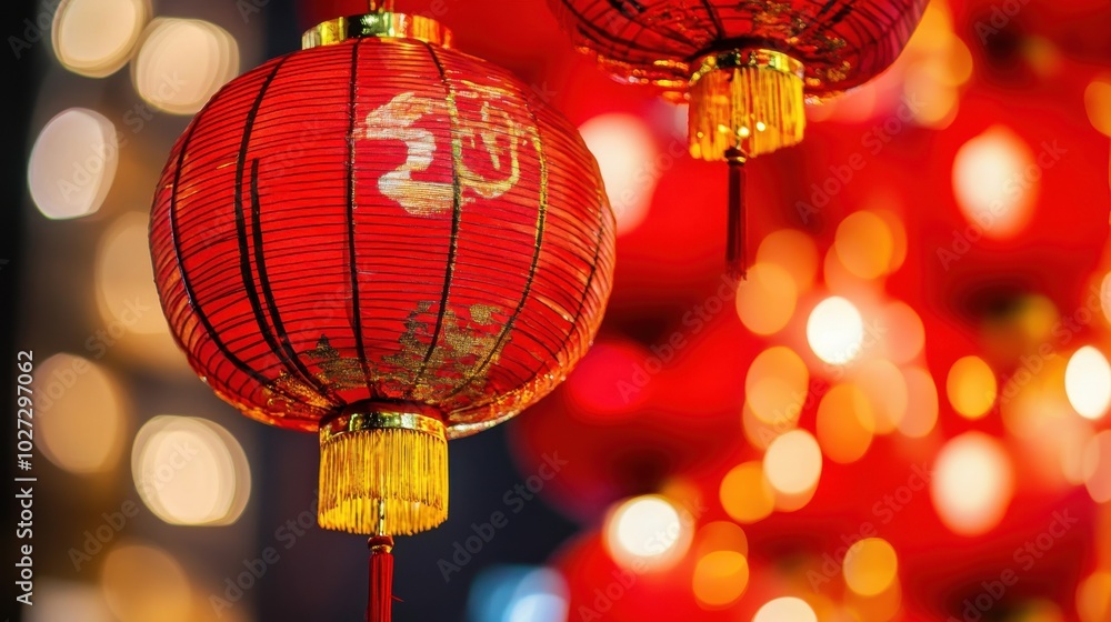 Colorful red lanterns illuminate a festive evening during a cultural celebration in a vibrant market Colorful red lanterns illuminate a festive evening during a cultural celebration in a vibrant market