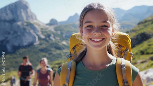 Smiling teenage girl with hiking backpack in mountains with group of friends