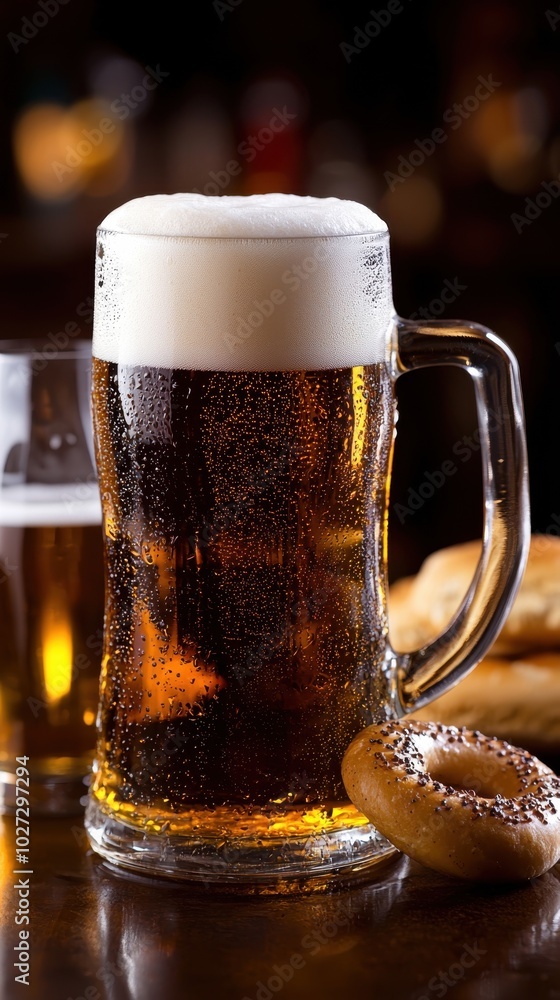 Frothy beer in a glass mug accompanied by snacks during a casual gathering at a rustic bar during Octoberfest Frothy beer in a glass mug accompanied by snacks during a casual gathering at a rustic bar during Octoberfest