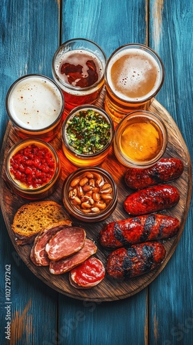 A vibrant platter of assorted sausages, bread, nuts, and craft beers ideal for a casual gathering at a bar or home during evening hours