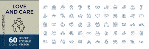 Love, care, support, friendship icon set. Love icon pack. Editable stroke outline icons and vector illustration. Pixel perfect.