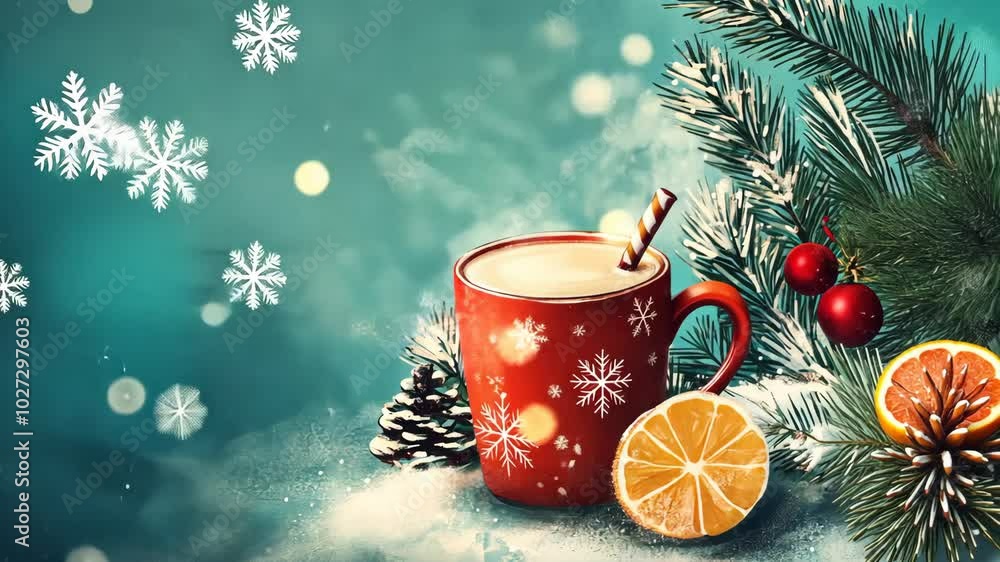 A red mug with a snowflake design sits on a snowy surface with a pine branch and orange slices, perfect for a cozy winter day A red mug with a snowflake design sits on a snowy surface with a pine branch and orange slices, perfect for a cozy winter day
