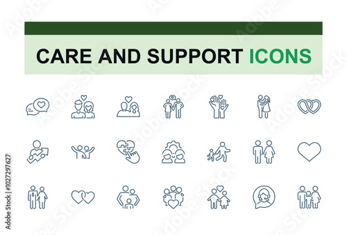 Love, care, support, friendship icon set. Love icon pack. Editable stroke outline icons and vector illustration. Pixel perfect.