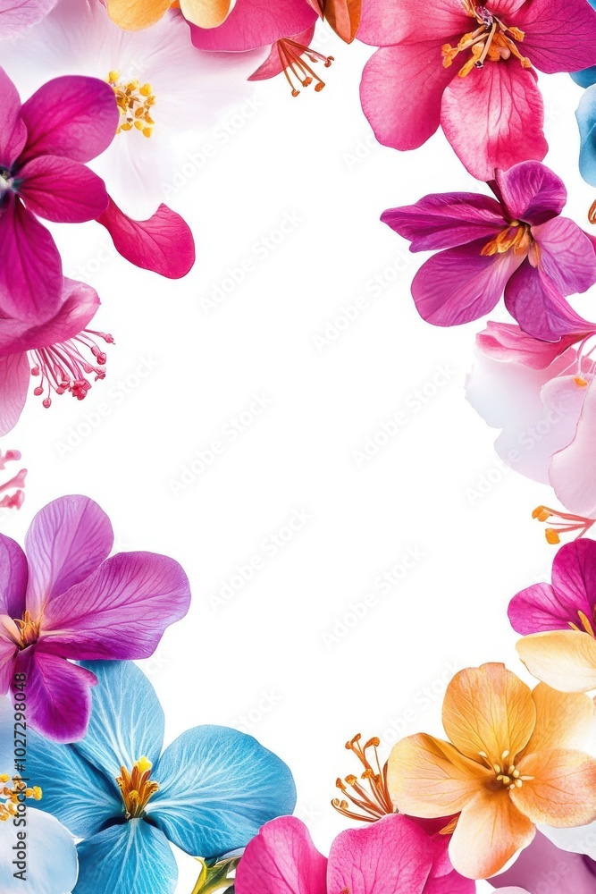 A vibrant frame of colorful flowers in various shades, perfect for invitations, greetings, or decorative backgrounds. A vibrant frame of colorful flowers in various shades, perfect for invitations, greetings, or decorative backgrounds.
