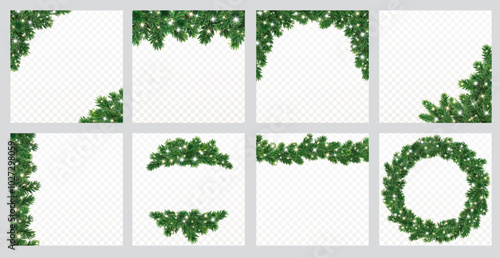 Christmas tree decoration. Holiday garland, festive corner, Christmas wreath. Frame, branch with Christmas lights. Square format for social media. Transparent background can be removed in vector file.