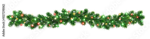 Christmas tree garlands. Realistic pine-tree branches with colorful red and green Christmas lights. Decoration for holiday banners, party posters, greeting cards, packaging, social media, merchandise.