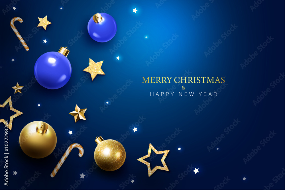Fototapeta premium merry christmas and happy new year greeting card design template. christmas symbols decorative dark blue christmas celebration and invitation background vector illustration.