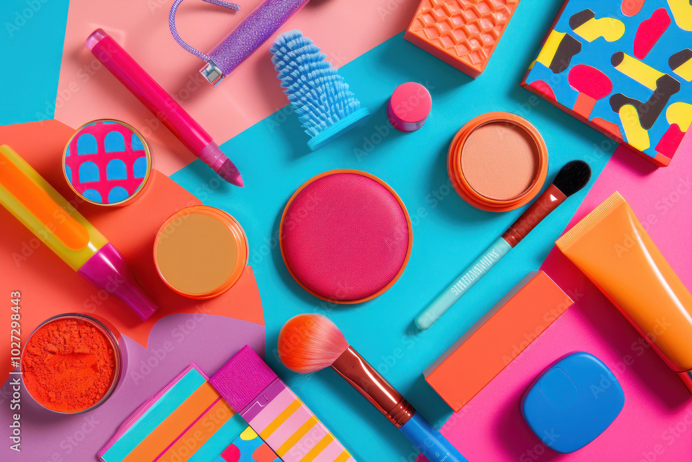 A vibrant collection of cosmetic products with bold packaging, arranged in a playful, colorful flat lay A vibrant collection of cosmetic products with bold packaging, arranged in a playful, colorful flat lay