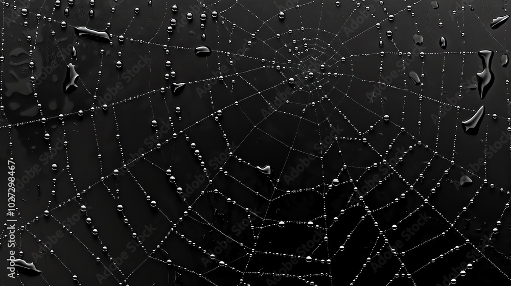 A spider web with dew drops on the strands. A spider web with dew drops on the strands.