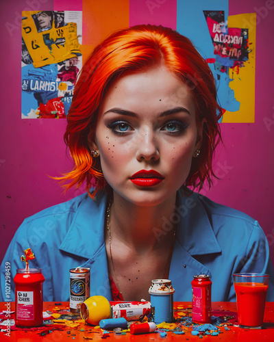 Beautiful girl with red hair in a blue shirt on the background of graffiti