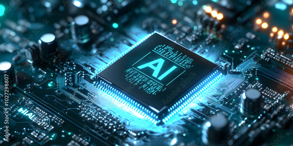 Technology banner background. blue green tech background. abstract futuristic circute illustration, AI chip or semiconductor in center, concept for furete tech, ai and KI Technology banner background. blue green tech background. abstract futuristic circute illustration, AI chip or semiconductor in center, concept for furete tech, ai and KI
